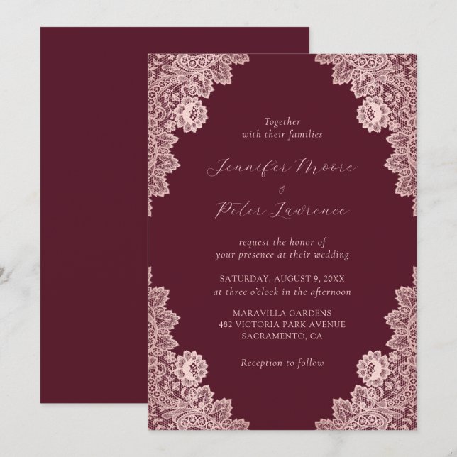 Elegant Custom Rose Gold and Burgundy Wedding Invitation (Front/Back)