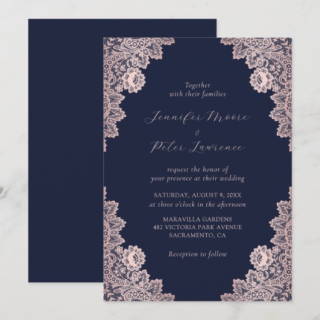 Elegant Custom Rose Gold and Navy Blue Wedding Invitation (Front/Back)