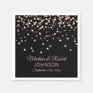 Elegant Custom Rose Gold Confetti & Black Wedding Napkins