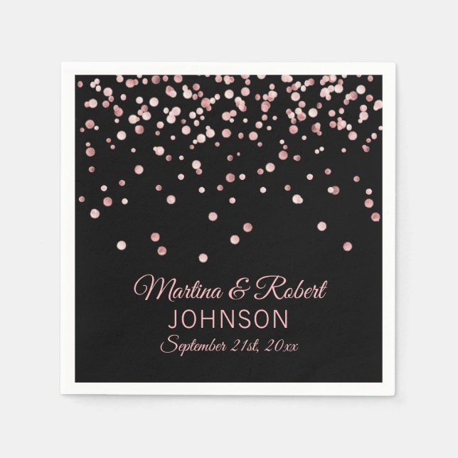 Elegant Custom Rose Gold Confetti & Black Wedding Napkins (Front)