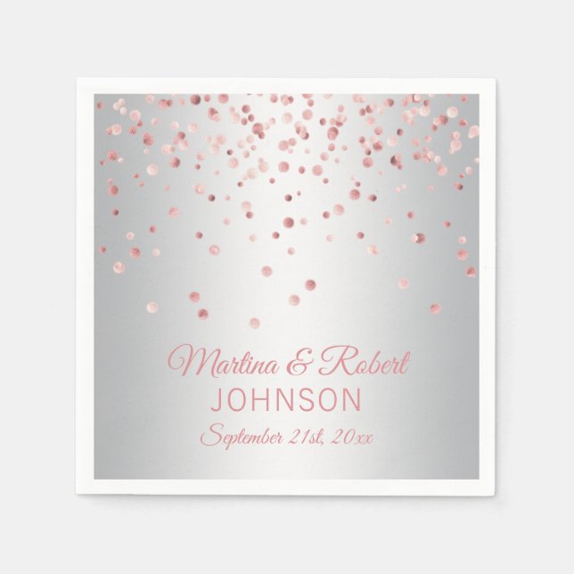 Elegant Custom Rose Gold Confetti & Grey Wedding Napkins (Front)