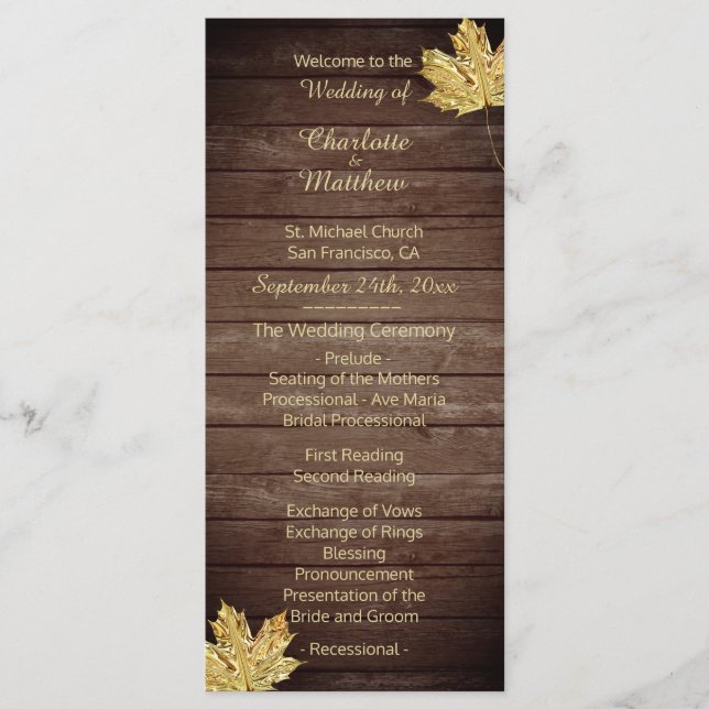 Elegant Custom Rustic Maple Leaf Wedding Programs (Front)