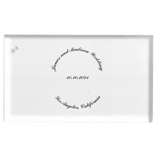 Elegant custom script curved name date wedding place card holder (Front)
