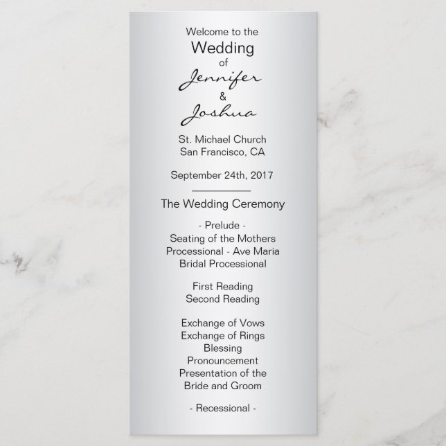 Elegant Custom Silver Black Wedding Programs (Front)