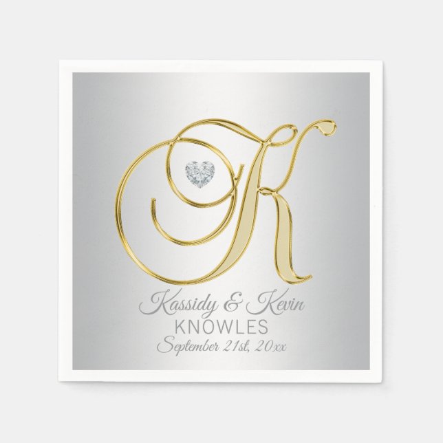 Elegant Custom Silver Grey Gold Wedding Napkins (Front)