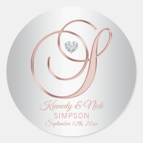 Elegant Custom Silver Grey Rose Gold Wedding Classic Round Sticker