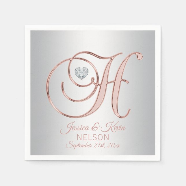 Elegant Custom Silver Grey Rose Gold Wedding | H Napkins (Front)