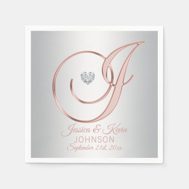 Elegant Custom Silver Grey Rose Gold Wedding Napki Napkins (Front)