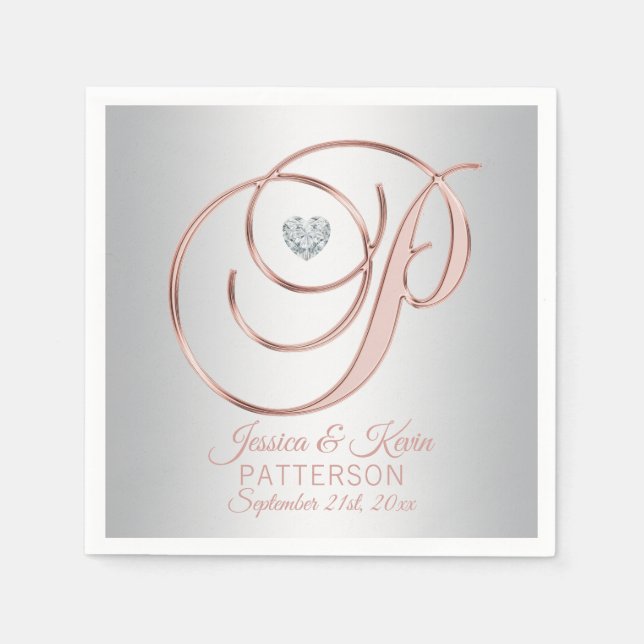 Elegant Custom Silver Grey Rose Gold Wedding Napki Napkins (Front)