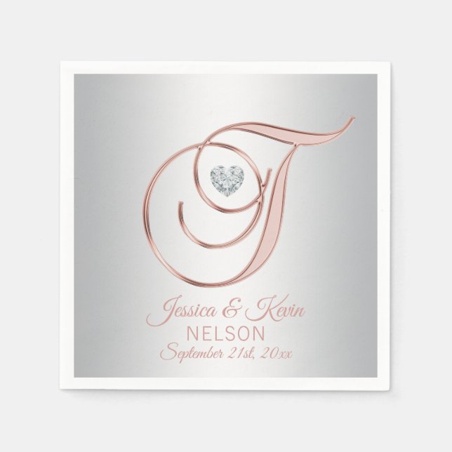 Elegant Custom Silver Grey Rose Gold Wedding Napki Napkins (Front)