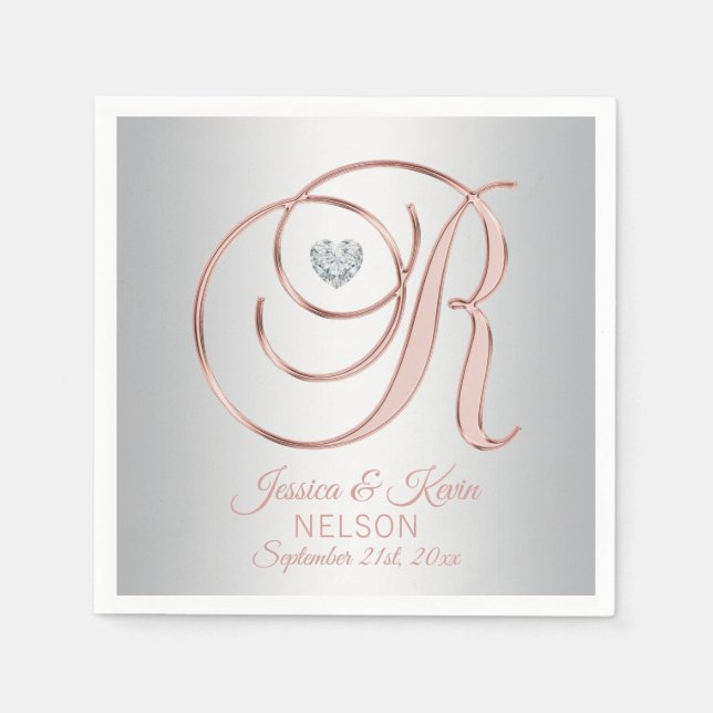 Elegant Custom Silver Grey Rose Gold Wedding Napkins (Front)