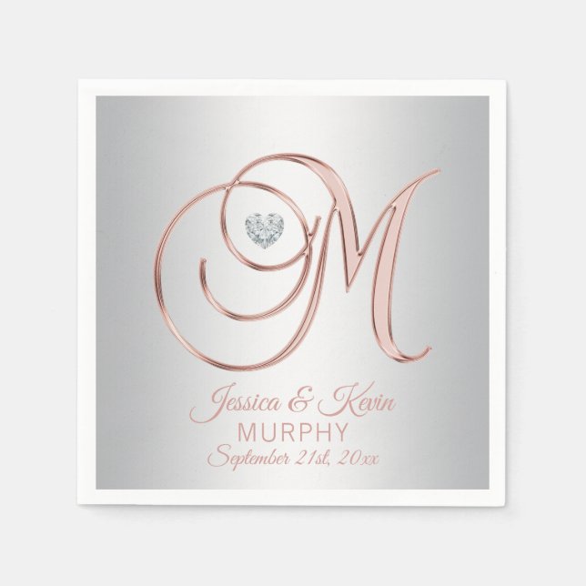 Elegant Custom Silver Grey Rose Gold Wedding Napkins (Front)