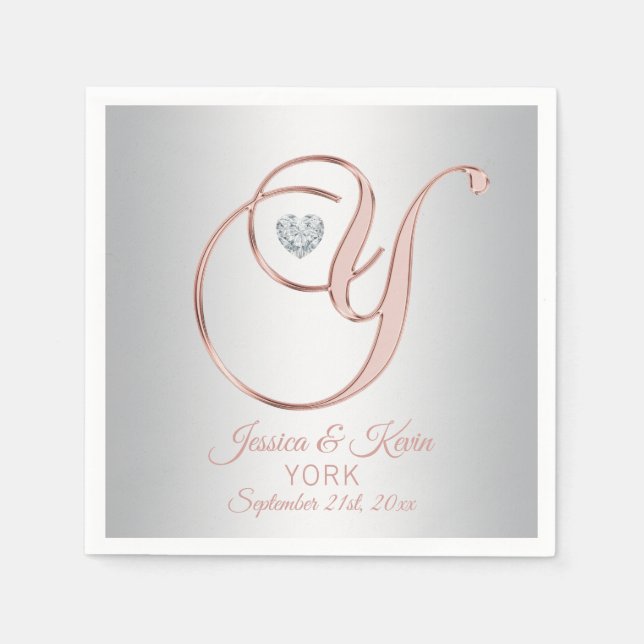 Elegant Custom Silver Grey Rose Gold Wedding | 'Y' Napkins (Front)