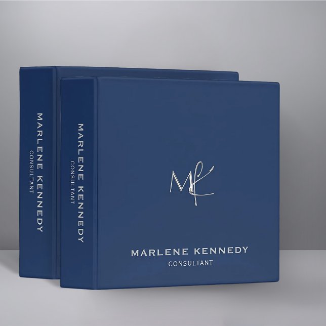 Elegant Custom Silver Monogram Navy Blue 3-Ring  3 Ring Binder (Creator Uploaded)