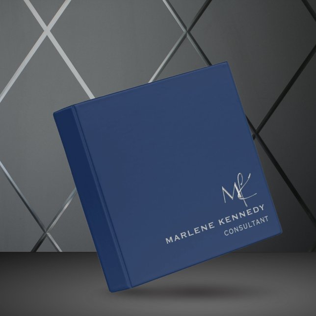 Elegant Custom Silver Monogram Navy Blue 3 Ring Binder (Creator Uploaded)