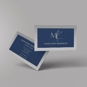 Elegant Custom Silver Monogram Navy Blue Business Card