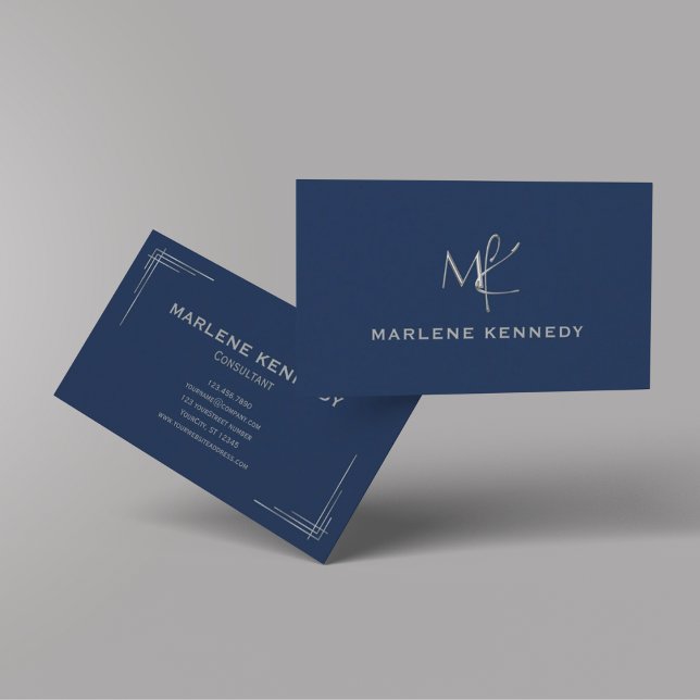 Elegant Custom Silver Monogram Navy Blue Business Card (Creator Uploaded)