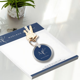Elegant Custom Silver Monogram Navy Blue Employee Keychain
