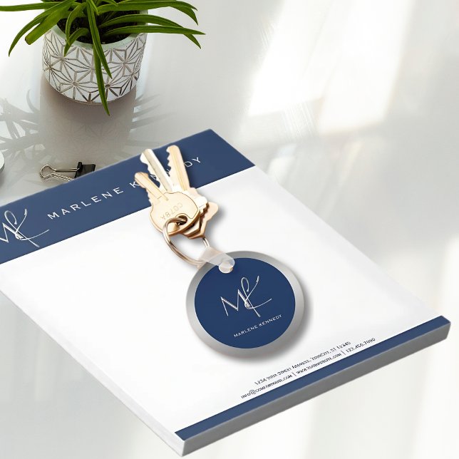 Elegant Custom Silver Monogram Navy Blue Employee Keychain (Creator Uploaded)