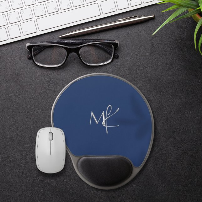 Elegant Custom Silver Monogram Navy Blue  Gel Mouse Pad (Creator Uploaded)