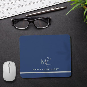 Elegant Custom Silver Monogram Navy Blue Mouse Pad