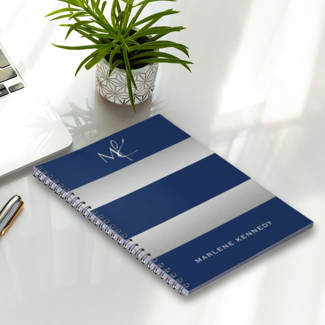 Elegant Custom Silver Monogram Navy Blue Notebook (Creator Uploaded)