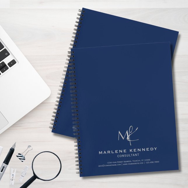 Elegant Custom Silver Monogram Navy Blue  Notebook (Creator Uploaded)