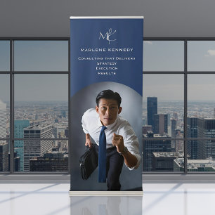 Elegant Custom Silver Monogram Navy Blue Retractable Banner