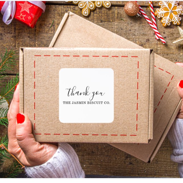 Elegant Custom Small Business Thank You Black Text Square Sticker (Modern thank you quote with company name stickers )