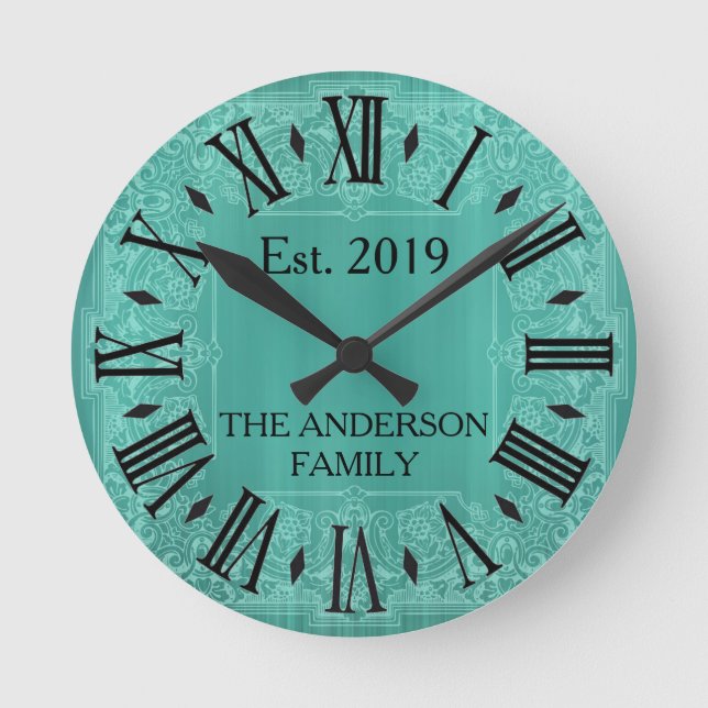 Elegant Custom Teal Blue Victorian Lace Round Clock (Front)