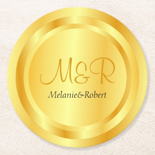 Elegant Custom Template Faux Gold Modern Monogram Round Paper Coaster