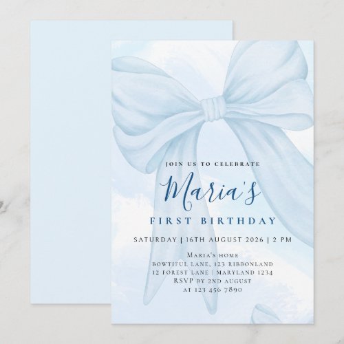 Elegant Custom Watercolor Blue Bow First Birthday Invitation