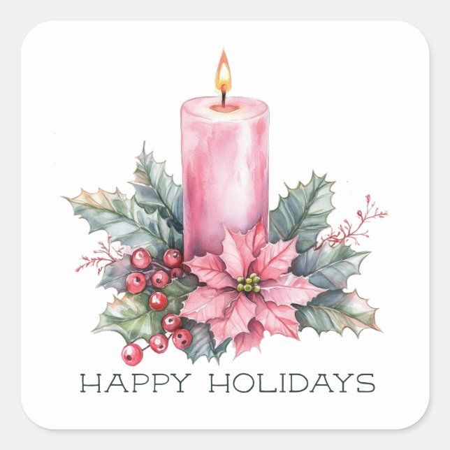 Elegant CUSTOM Watercolor Christmas Candle Square Sticker (Front)