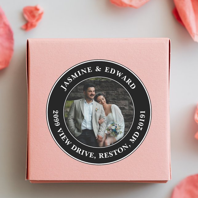 Elegant Custom Wedding Photo Return Address Classic Round Sticker (Creator Uploaded)