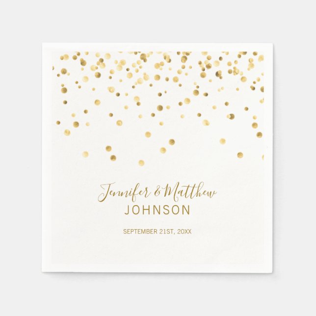 Elegant Custom White Gold Confetti Wedding Paper Napkins (Front)