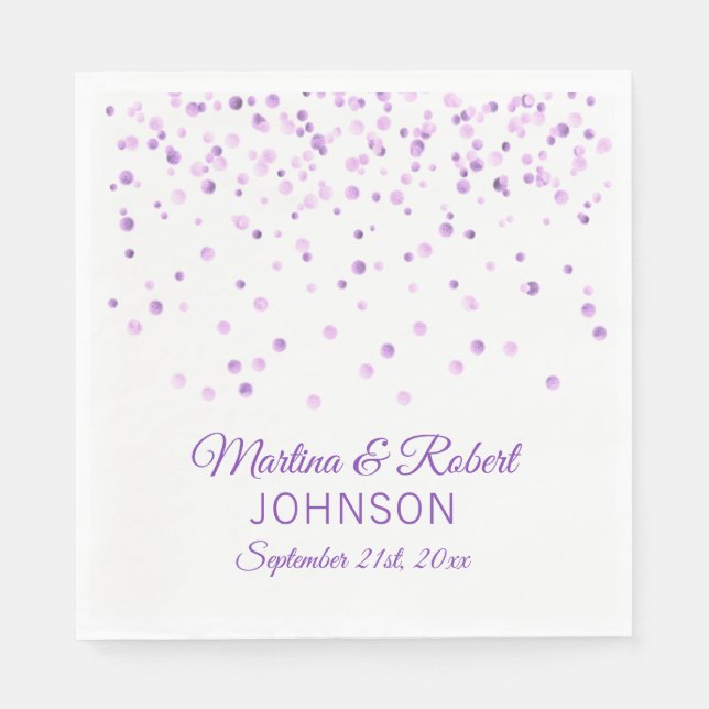 Elegant Custom White Purple Gold Confetti Wedding Napkins (Front)