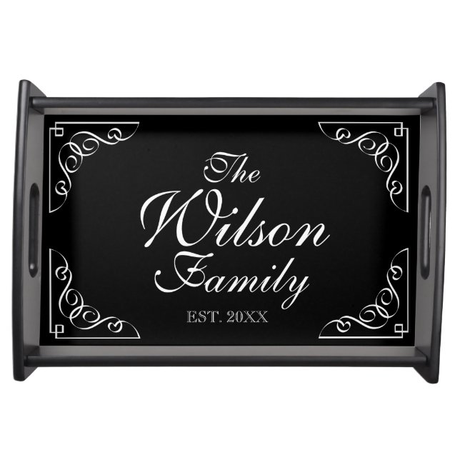 Elegant custom year established black and white serving tray (Front)