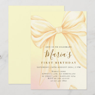 Elegant Custom Yellow Bow First Birthday Invitation
