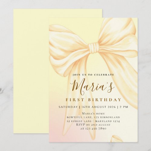 Elegant Custom Yellow Bow First Birthday Invitation