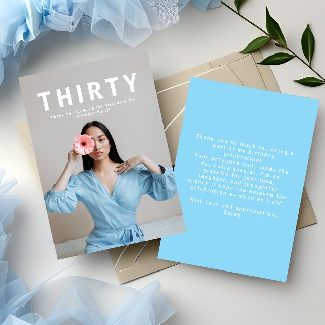 Elegant Customizable Flat Blue 30th Birthday  Thank You Card (Creator Uploaded)