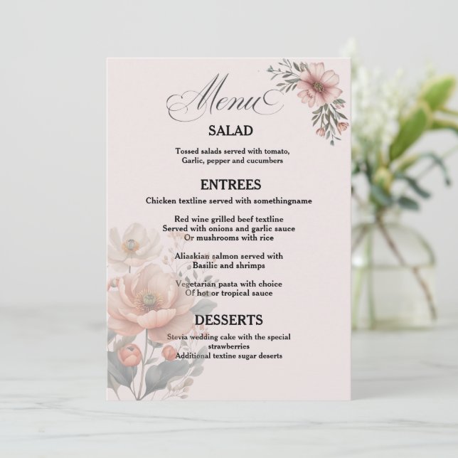Elegant Customizable Floral Wedding Menu Card (Standing Front)