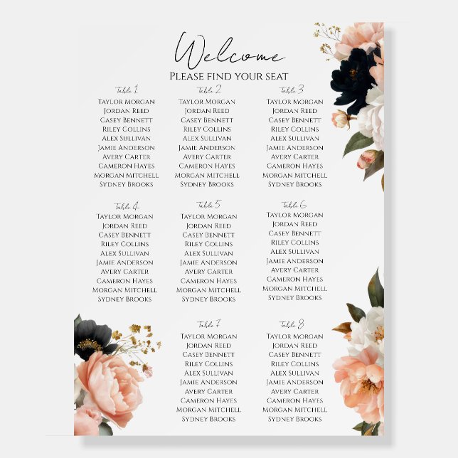 Elegant Customizable Floral Wedding Seating Chart  Foam Board (Front)