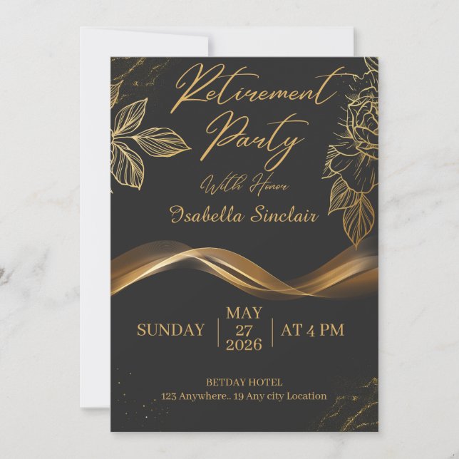 Elegant Customizable Gold Floral Retirement Party  Invitation (Front)