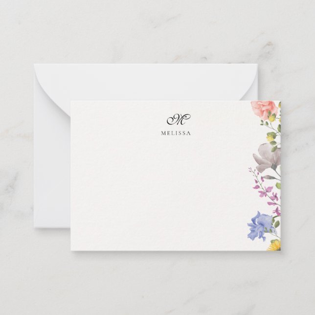 Elegant Customizable Name And Initial Wildflower  Note Card (Front)