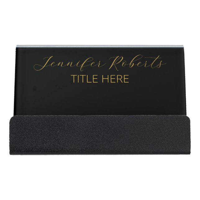 Elegant Customizable Name Modern Black Business  Desk Business Card Holder (Front)