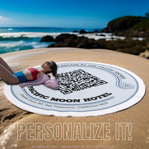 Elegant Customizable 'Pacific Moon Hotel' QR Code Beach Towel