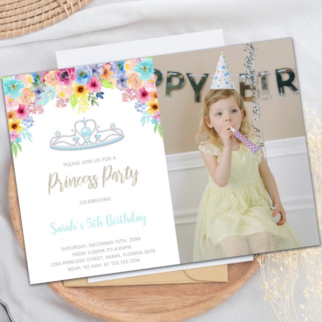 Elegant Customizable Princess Party Invitations (Crown Floral Princess Birthday Invitations w photo)