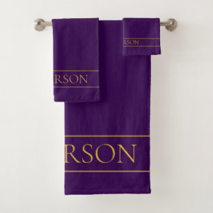 Elegant Customizable Text Gold & Deep Purple Bath Towel Set