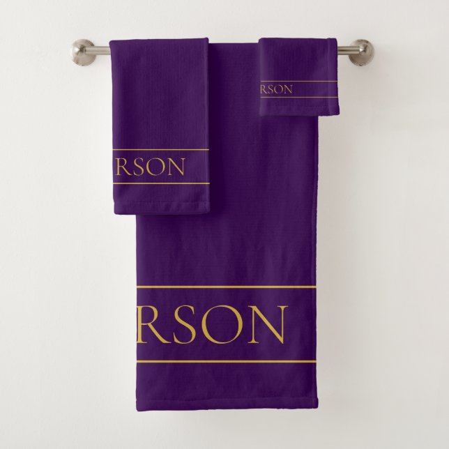 Elegant Customizable Text | Gold & Deep Purple Bath Towel Set (Insitu)