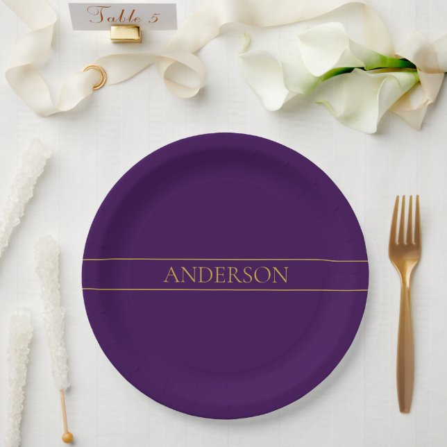 Elegant Customizable Text | Gold & Deep Purple Paper Plates (Wedding)